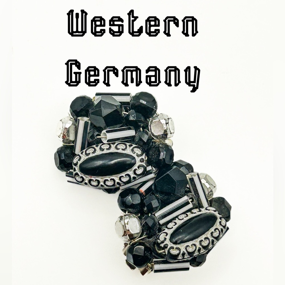Vintage 1950s Made in Western Germany Black Glass Clip On Earrings